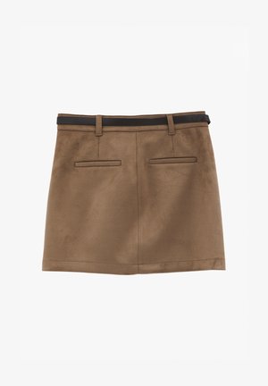 Brown suede mini skirt with two back welt pockets and a slim dark brown belt threaded through loops.