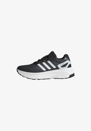 Chaussure de course Adidas noire et blanche avec trois bandes blanches sur le côté et une semelle blanche épaisse, vue de l'extérieur.