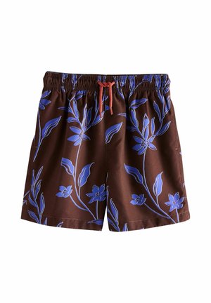Pantaloni scurți maro cu talie elastică, imprimeu floral albastru și șnur roșu pe fundal alb.