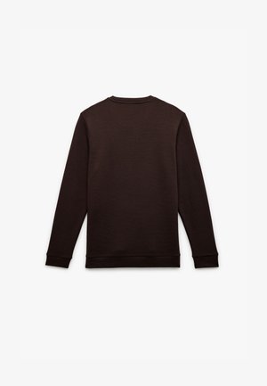 Bruine long-sleeve sweatshirt gemaakt van gestructureerd materiaal, met een ronde hals en geribbelde manchetten, en een subtiel lineair patroon.