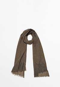 Brown, soft fabric scarf with a rectangular shape and frayed edges, draped in a loop, displaying a subtle texture.