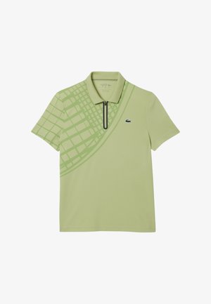 Polo shirt verde a maniche corte con colletto a zip, caratterizzato da un motivo a quadri e logo sul petto. Realizzato in tessuto morbido e leggero.