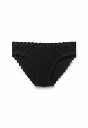 Zwarte katoenen slipjes met een golvende kantafwerking langs de tailleband en beenopeningen, met een gladde, matte stofstructuur.