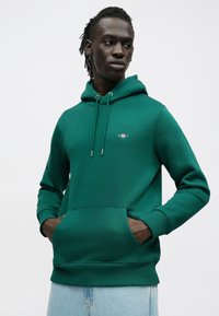 Grøn hættetrøje lavet af bomuldsblanding. Har en frontlomme, justerbar snøre i hætten og et lille logo på brystet. Blød tekstur.