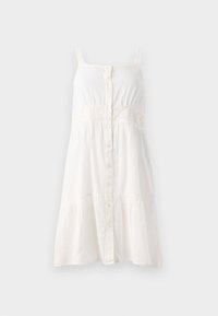 Robe blanche sans manches avec fermeture boutonnée à l'avant, taille élastique, bordure en dentelle à la taille et ourlet à volants. Le tissu semble léger.