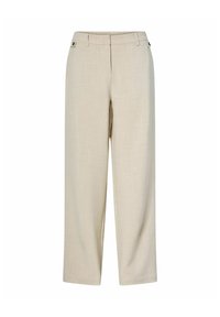 Béžové kalhoty s rovným střihem, postranními knoflíkovými poutky, poutky na opasek a skrytým předním zapínáním na zip.