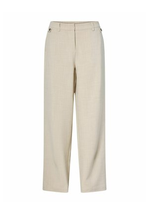 Beige bukser med rette ben, sidelommer med knapper, beltehemper og skjult glidelås foran.