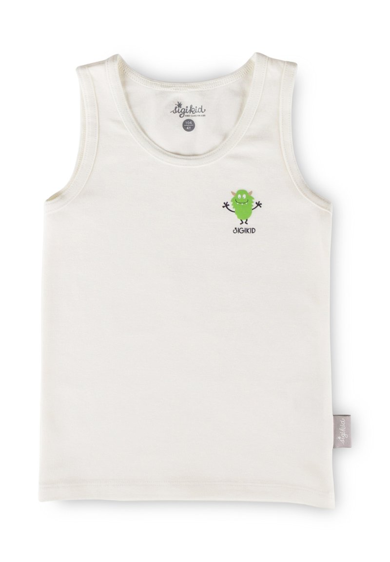 White cotton tank top featuring a green monster graphic with arms extended, "sigikid" logo below, and a tag on the side.