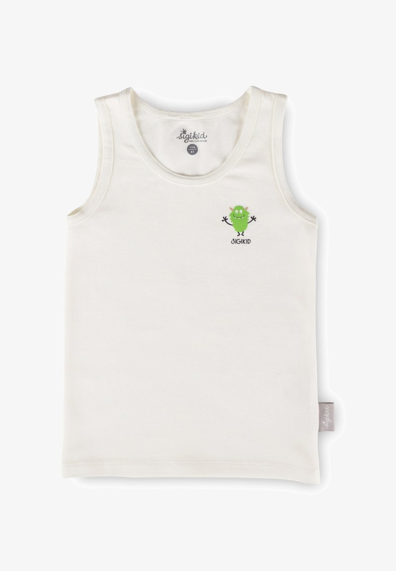 White cotton tank top featuring a green monster graphic with arms extended, "sigikid" logo below, and a tag on the side.