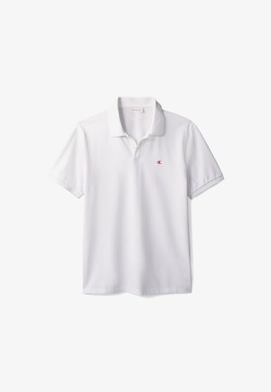 Weißes Poloshirt aus Baumwolle mit kurzer Knopfleiste und Kragen. Verfügt über ein kleines rotes Logo auf der linken Brust. Kurze Ärmel und Standard-Passform.