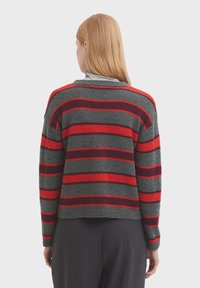 Strisce orizzontali rosse e rosso scuro su un maglione grigio. Design casual con vestibilità rilassata e orlo a costine. Tessuto morbido, colletto a girocollo.