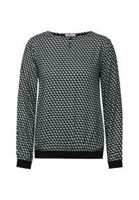 Maglione a maniche lunghe bianco e nero con motivo geometrico a triangolo, scollo rotondo e polsini e orlo a coste neri.