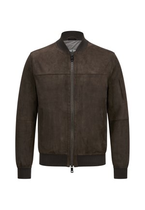 Dunkelbraune Wildleder-Bomberjacke mit geripptem Kragen, Bündchen und Saum, Frontreißverschluss und Reißverschlusstasche am linken Ärmel.