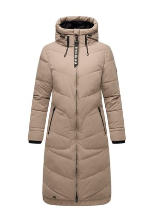 Beige padded coat with a high collar, hood, full-length zipper, and two front pockets. Features black hardware and textured stitching.