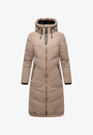 Beige pehmeä takki, jossa on korkea kaulus, huppu, kokopitkä vetoketju ja kaksi etutaskua. Varustettu mustilla osilla ja rakenteellisella ompelulla.