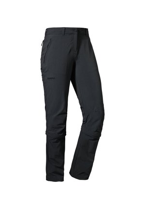 Black outdoor pants made of durable fabric with a straight cut, zippered pockets, and a smooth texture. Features a logo on the side.