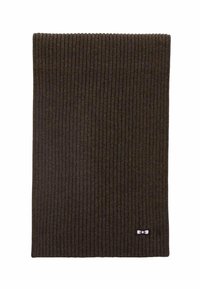 Chauffe-nuque en tricot côtelé marron foncé avec une texture lisse, arborant une petite étiquette logo rose dans le coin inférieur droit. Idéal pour les temps froids.