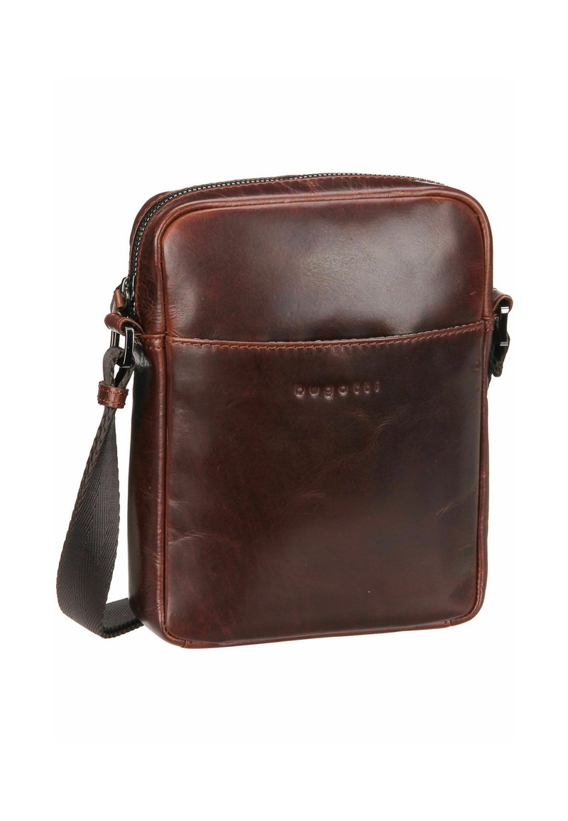 Borsa a tracolla in pelle marrone con chiusura a zip, tasca frontale e tracolla regolabile. Presenta una texture liscia e un minimo dettaglio del logo impresso.