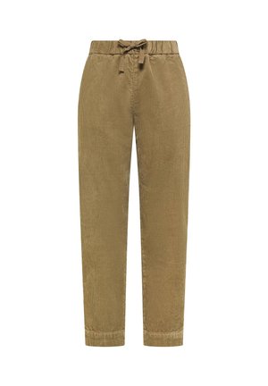 Pantaloni in velluto a coste di colore marrone chiaro con vita con coulisse, gambe affusolate e trama a costine verticali. Design casual, adatto a stili versatili.