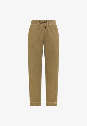 Pantaloni in velluto a coste di colore marrone chiaro con vita con coulisse, gambe affusolate e trama a costine verticali. Design casual, adatto a stili versatili.