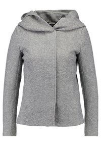 Grå huva jacka i strukturerad tyg, med långa ärmar och rak skärning, med en minimalistisk design och utan synliga stängningar.