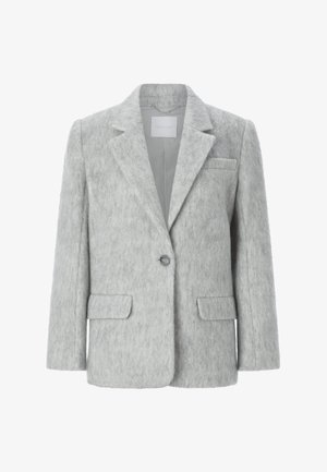 Blazer grigio in misto lana con superficie testurizzata, chiusura a un bottone, rever a punta, due tasche frontali e un design minimalista.