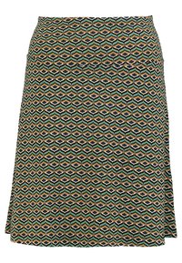 Jupe à motifs présentant un design hexagonal en vert, marine et or. Fabriquée dans un tissu léger avec une silhouette évasée et une fente sur le côté.