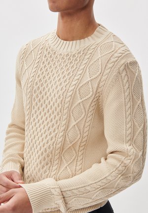 Pull en tricot beige avec motifs texturés, designs en câble et poignets côtelés. Encolure arrondie et silhouette ajustée.