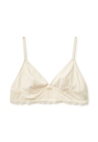 Kremowy stanik z gładkim satynowym wykończeniem, ozdobiony koronkowym pasem na dole, z regulowanymi ramiączkami i subtelnym akcentem marki.