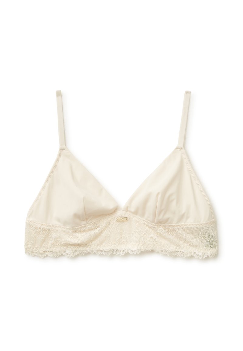 Kremowy stanik z gładkim satynowym wykończeniem, ozdobiony koronkowym pasem na dole, z regulowanymi ramiączkami i subtelnym akcentem marki.