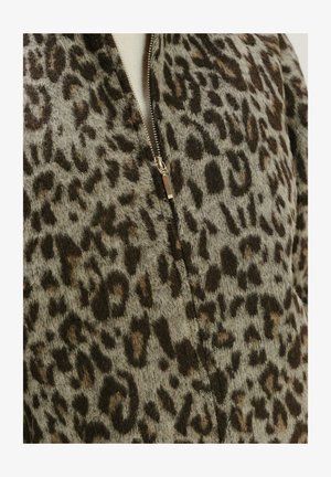 Leopard-print fleece jacket with a zip closure, featuring a textured beige and brown pattern, and a soft, warm feel.