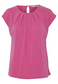 Rosa kurzärmlige Bluse mit Rundhalsausschnitt, ausgestattet mit Falten auf der Vorderseite und einem keyhole-Rücken. Hergestellt aus glattem, leichtem Stoff.
