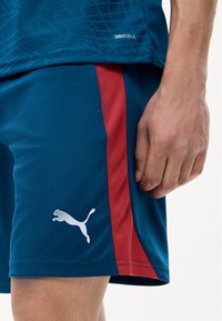 Άνδρας που φοράει μπλε αθλητικά σορτς Puma με κόκκινη ρίγα και μπλε υφασμάτινη μπλούζα με το κείμενο «DRYCELL», με το χέρι χαλαρό στο πλάι.