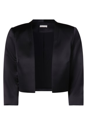 Schwarze satinierte, verkürzte Jacke mit offener Vorderseite, langen Ärmeln und subtiler Glanz. Sie verfügt über eine glatte Textur und ein minimalistisches Design.