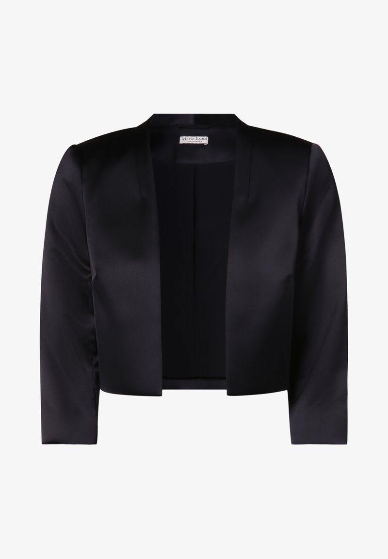 Schwarze satinierte, verkürzte Jacke mit offener Vorderseite, langen Ärmeln und subtiler Glanz. Sie verfügt über eine glatte Textur und ein minimalistisches Design.