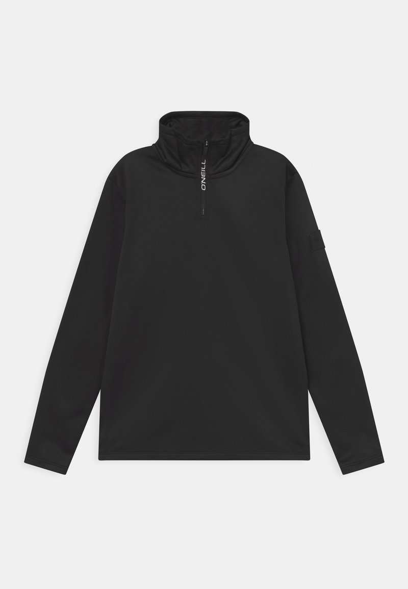 Top negro tipo pulóver con cuello alto, cremallera frontal de medio largo, mangas largas y acabado texturizado. Cuenta con un logo en la cremallera.