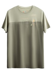 Light green cotton t-shirt with short sleeves, featuring a subtle illustration of a person and a windmill across the chest.