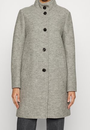 Szary wełniany płaszcz do kolan z czarnymi guzikami, wysokim kołnierzem, bocznymi kieszeniami, noszony na ciemnych spodniach.