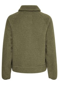 Veste polaire vert olive à manches longues et col montant vue de dos.