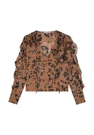 Brown blouse with black abstract patterns, long sleeves, and ruffled detailing. Lightweight, textured fabric with a deep V-neckline.