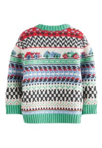 Knitted sweater with a green collar, featuring a multicolor pattern of tractors, geometric shapes, and checkered designs on a cream background.