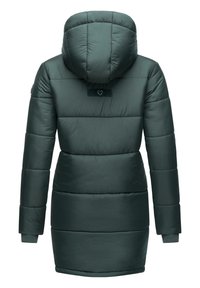 Green puffer jacket with a hood, featuring a quilted design, elastic cuffs, and a logo patch on the back. Smooth texture with a shiny finish.