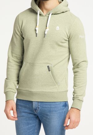 Sudadera verde claro con un bolsillo canguro, capucha ajustable con cordón, puños acanalados y un sutil logo en el pecho. Confeccionada con una tela suave.