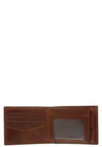 Braunes Lederportemonnaie mit mehreren Kartenfächern und einem klaren Ausweisfenster. Kompaktes Design, glatte Textur, minimale Nähte und strapazierfähige Verarbeitung.