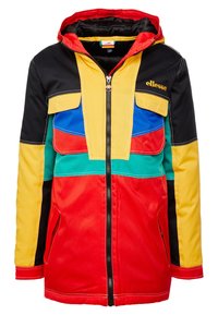 Flerfärgad huva-jacka med framdragkedja, klafffickor och ellesse-logotyp på de svarta och gula övre sektionerna.