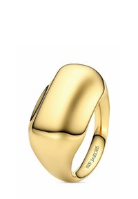 Guldfärgad ring med en slät, rundad rektangulär design. Polerad yta med embossad märkning på den inre ringen.