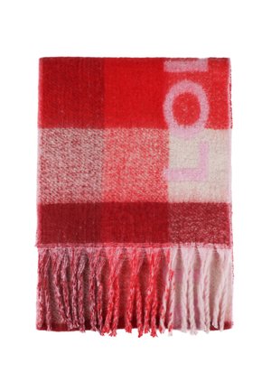 Sciarpa a scacchi rossi realizzata in materiale morbido, con bordi frangiati e diverse tonalità di quadrati rossi e rosa, caratterizzata da un delicato dettaglio del logo.