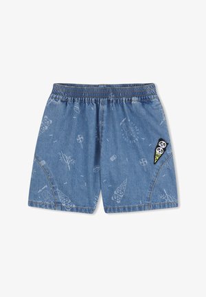 Short en jean avec une ceinture élastique, couleur bleu clair, décoré de motifs fantaisistes de cornets de glace et de sucettes. Accent brodé panda.