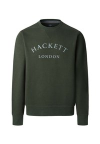 Grüner Pullover mit Rundhalsausschnitt und langen Ärmeln. Auf der Brust befindet sich in weißen Buchstaben "HACKETT LONDON". Weicher Stoff.