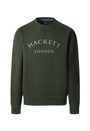 Grüner Pullover mit Rundhalsausschnitt und langen Ärmeln. Auf der Brust befindet sich in weißen Buchstaben "HACKETT LONDON". Weicher Stoff.